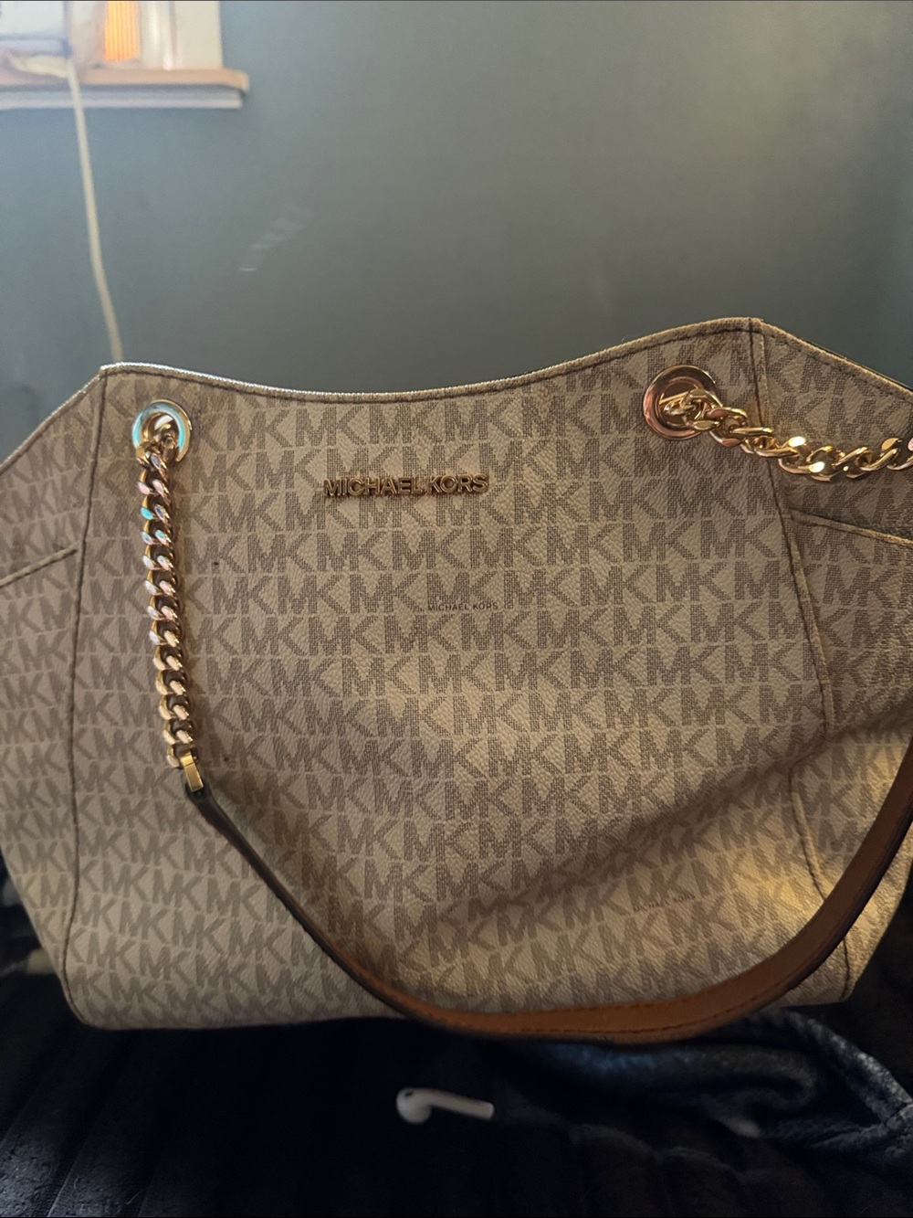 Michael Kors Brown Logo-Print Shoulder Bag with Gold Chain